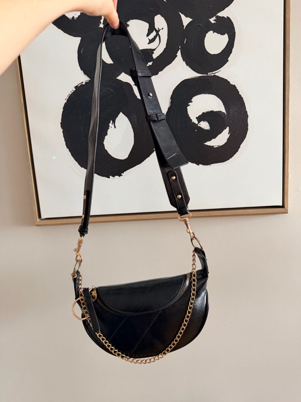 Black Leather Shoulder Bag with Gold Chain Strap